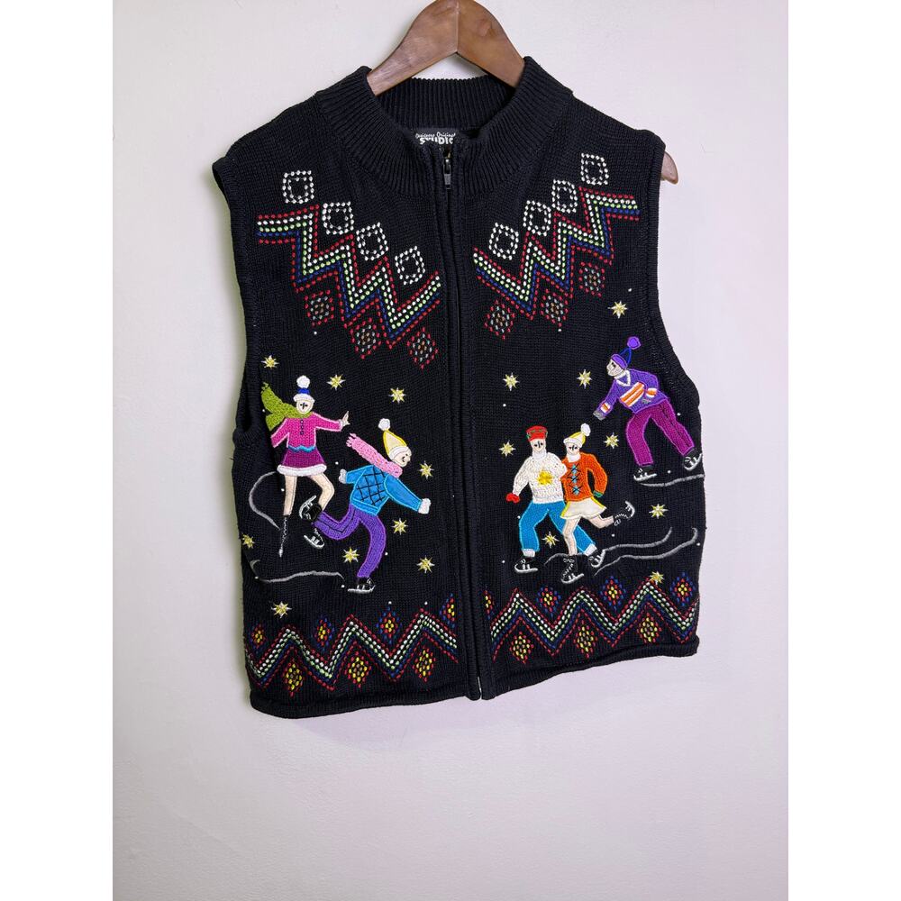 Designer Originals Studio Ice Skating Knit Sweater Vest Black Zip Front M Ramie